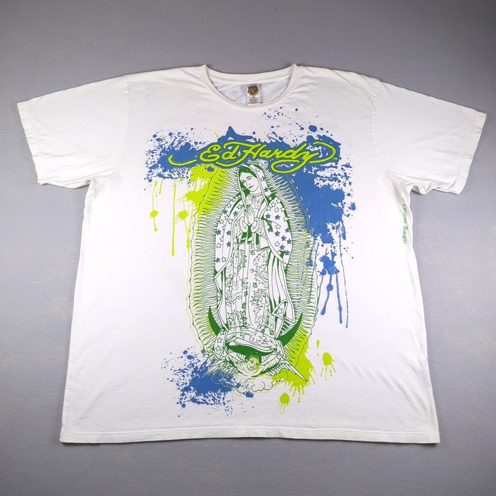 Vintage Ed Hardy Virgin Mary Shirt Mens XXL White Green Blue Y2K Large Print USA